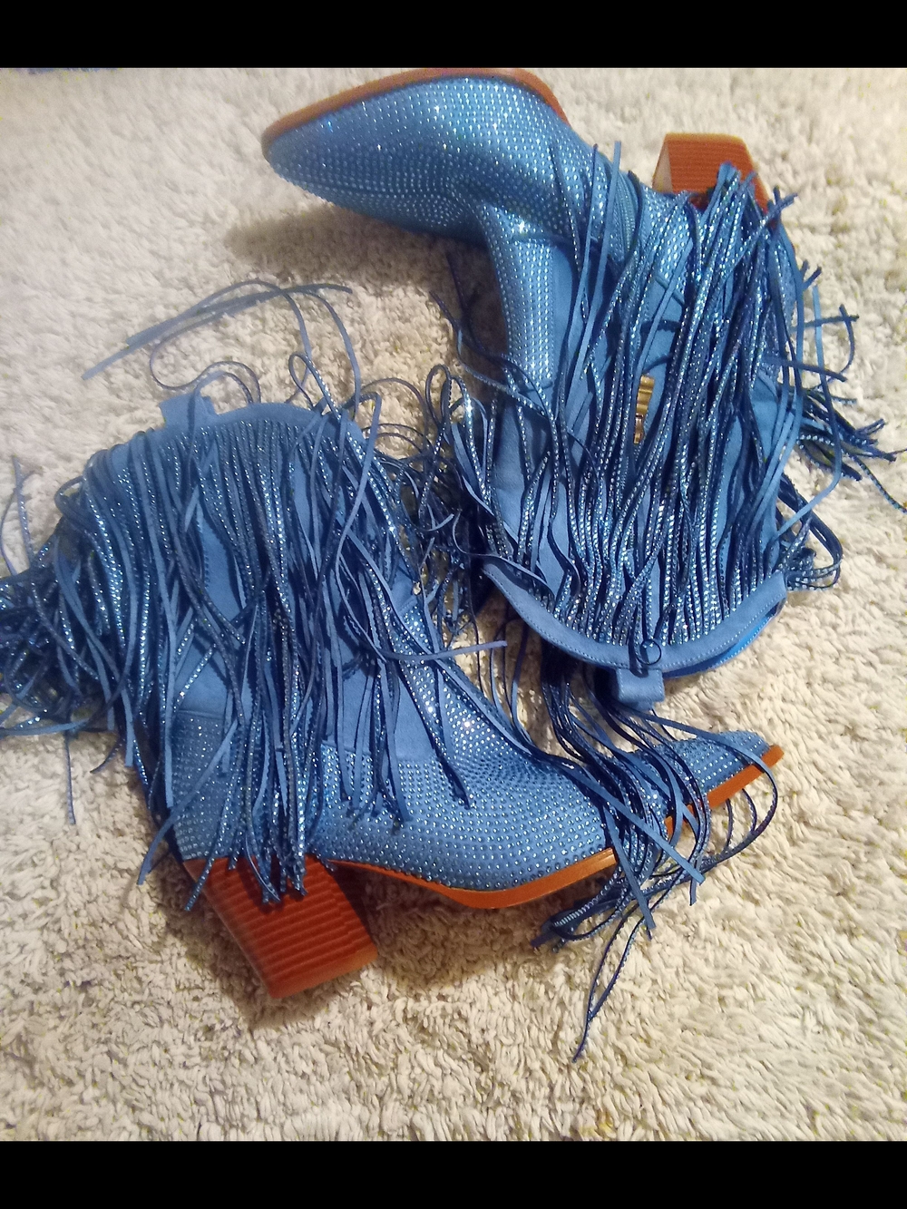OUEPIANO Blue Fringe Ankle Boots with Block Heel - Women's Statement Booties